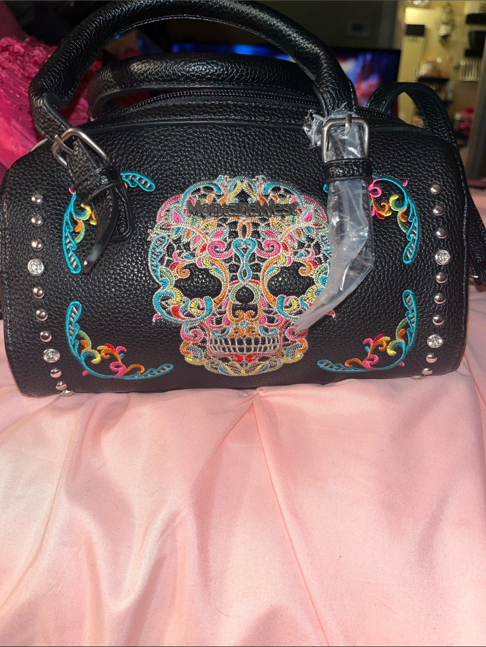 Montana West Black Sugar Skull Embroidered Satchel
